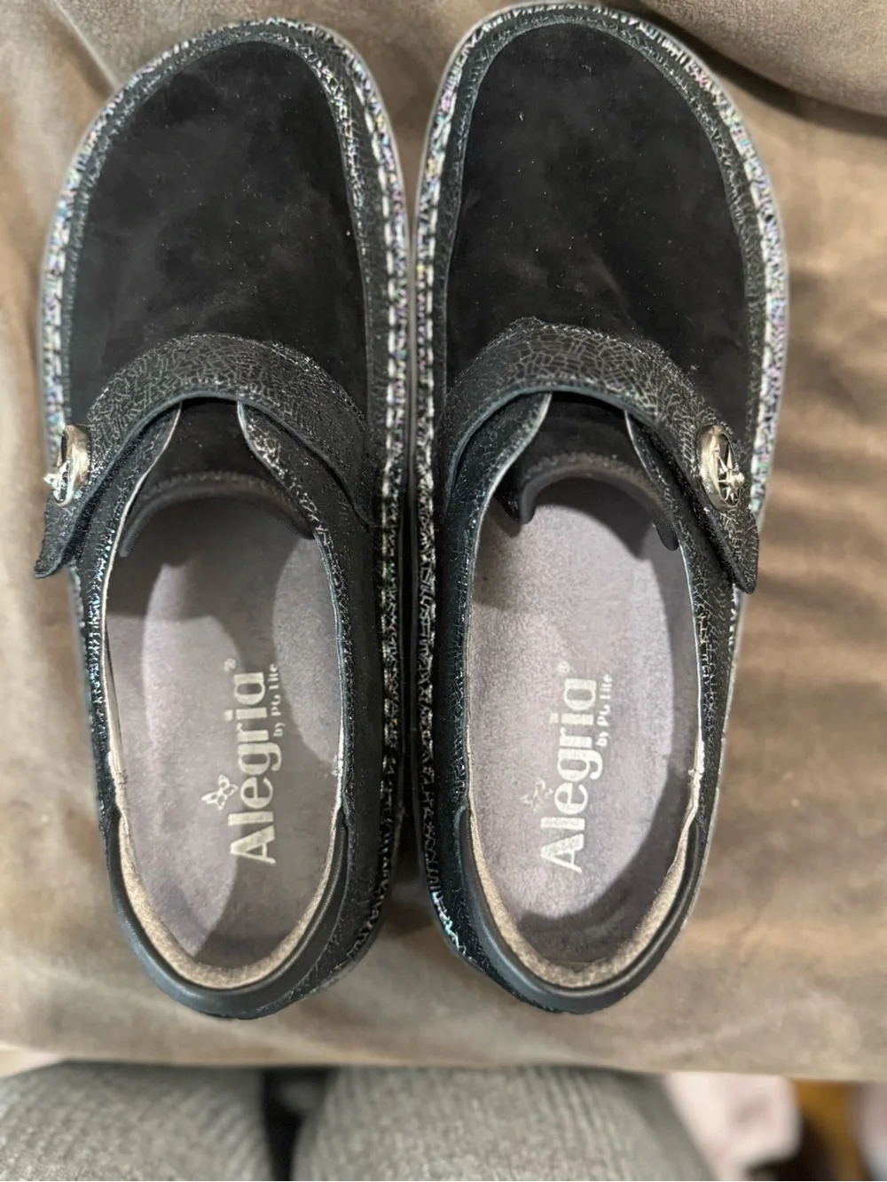 Alegria Black Suede Mary Jane Clogs with Sparkle Trim